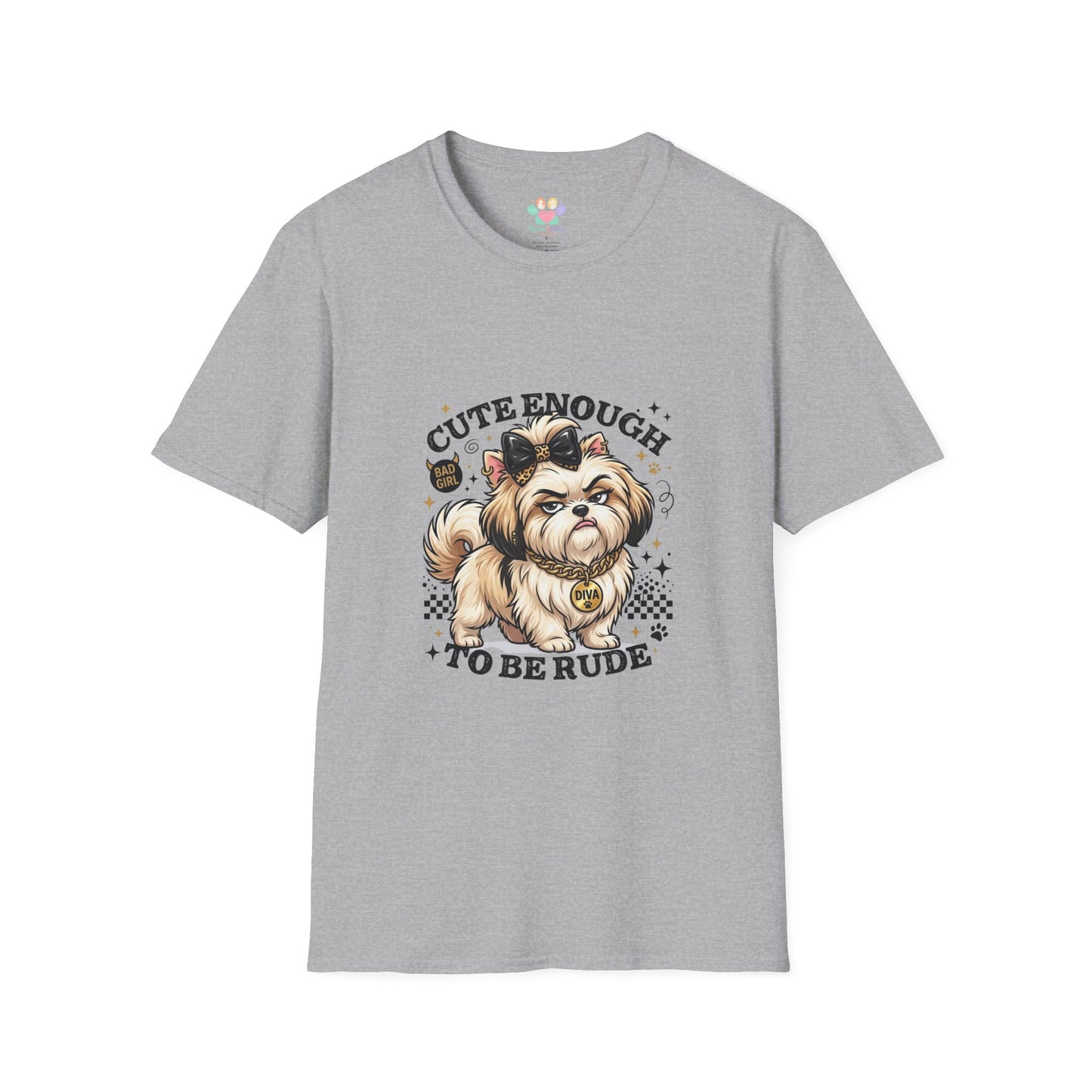 Cute Enough To Be Rude dog t-shirt, small dog diva graphic with bow and necklace, sport gray
