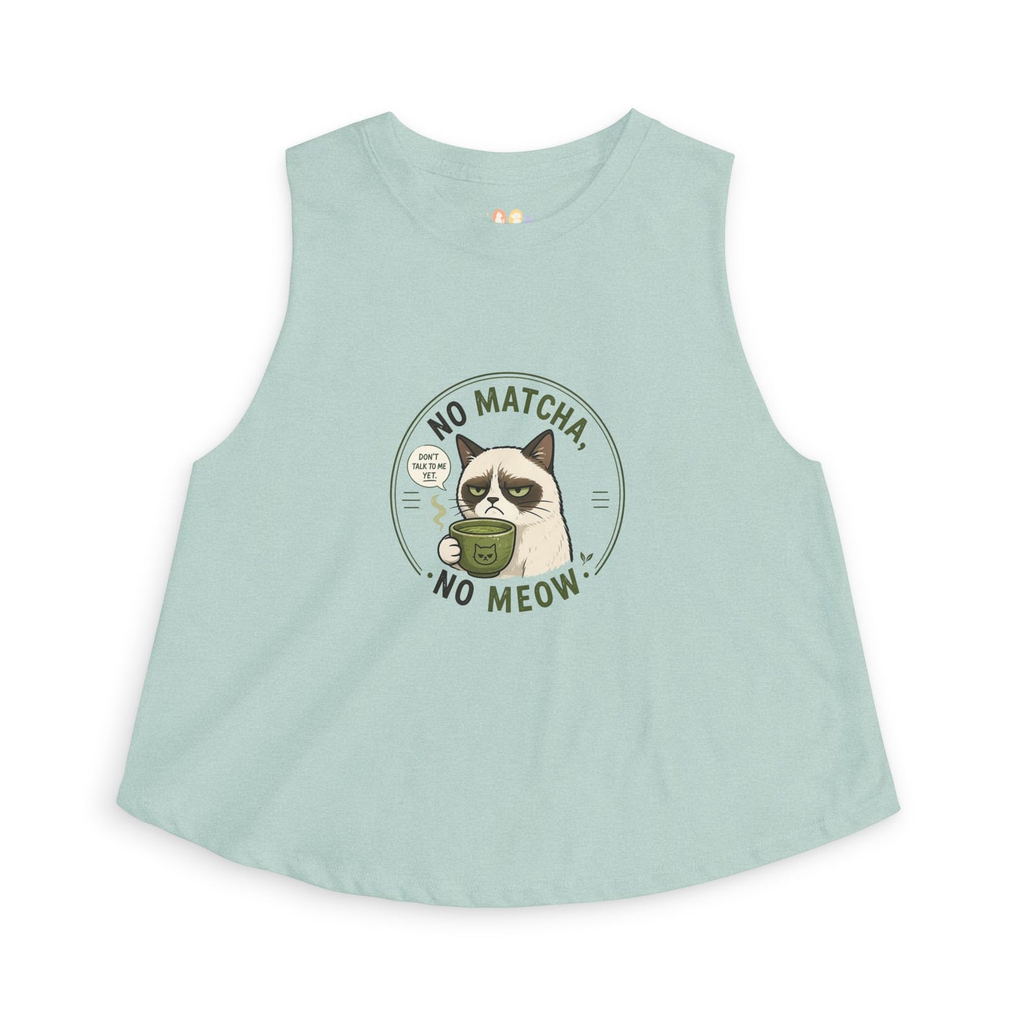No Matcha No Meow tank top, grumpy cat tea lover graphic design, dusty blue