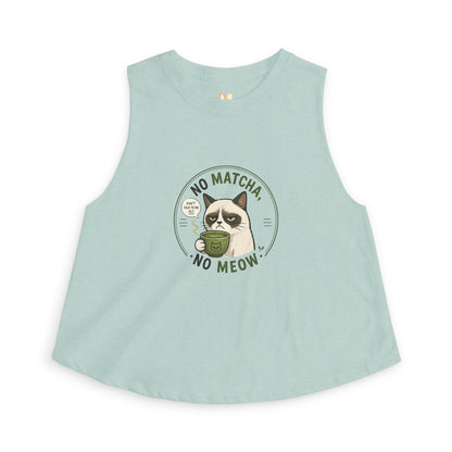 No Matcha No Meow tank top, grumpy cat tea lover graphic design, dusty blue