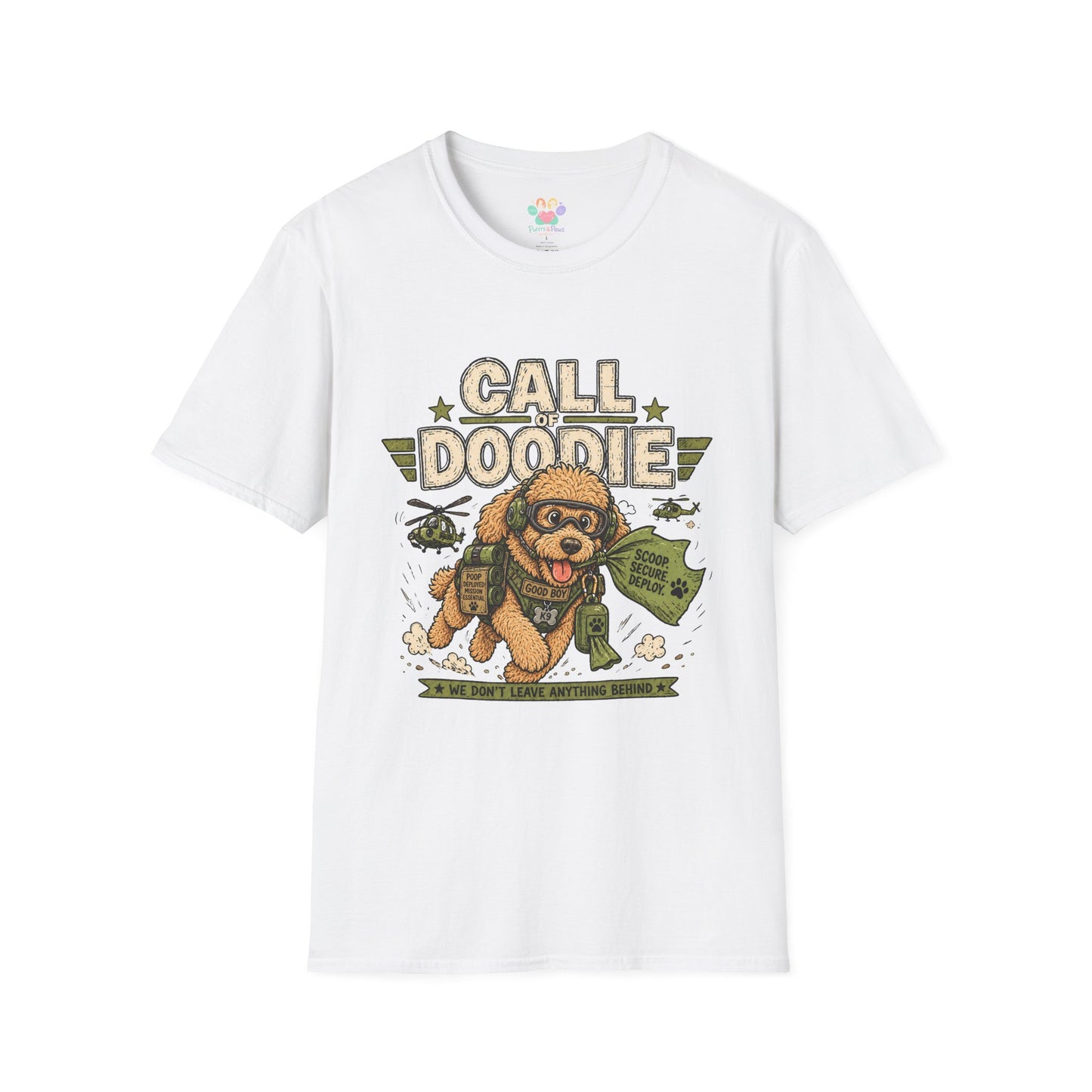 Call of Doodie t-shirt, funny military dog graphic with tactical poodle illustration, white
