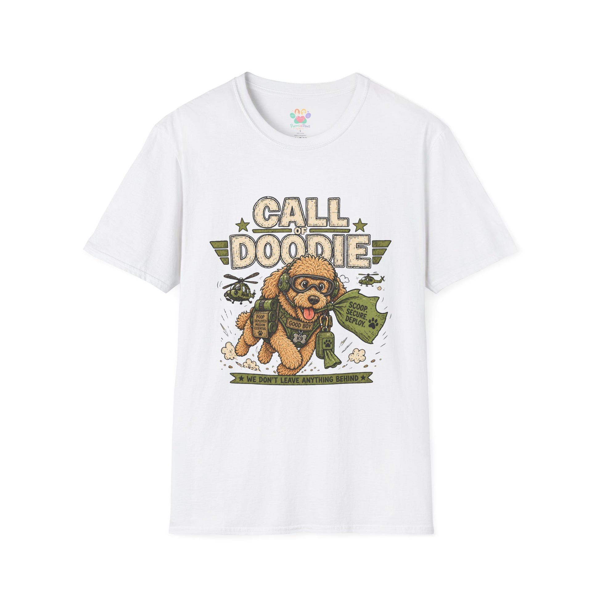 Call of Doodie t-shirt, funny military dog graphic with tactical poodle illustration, white