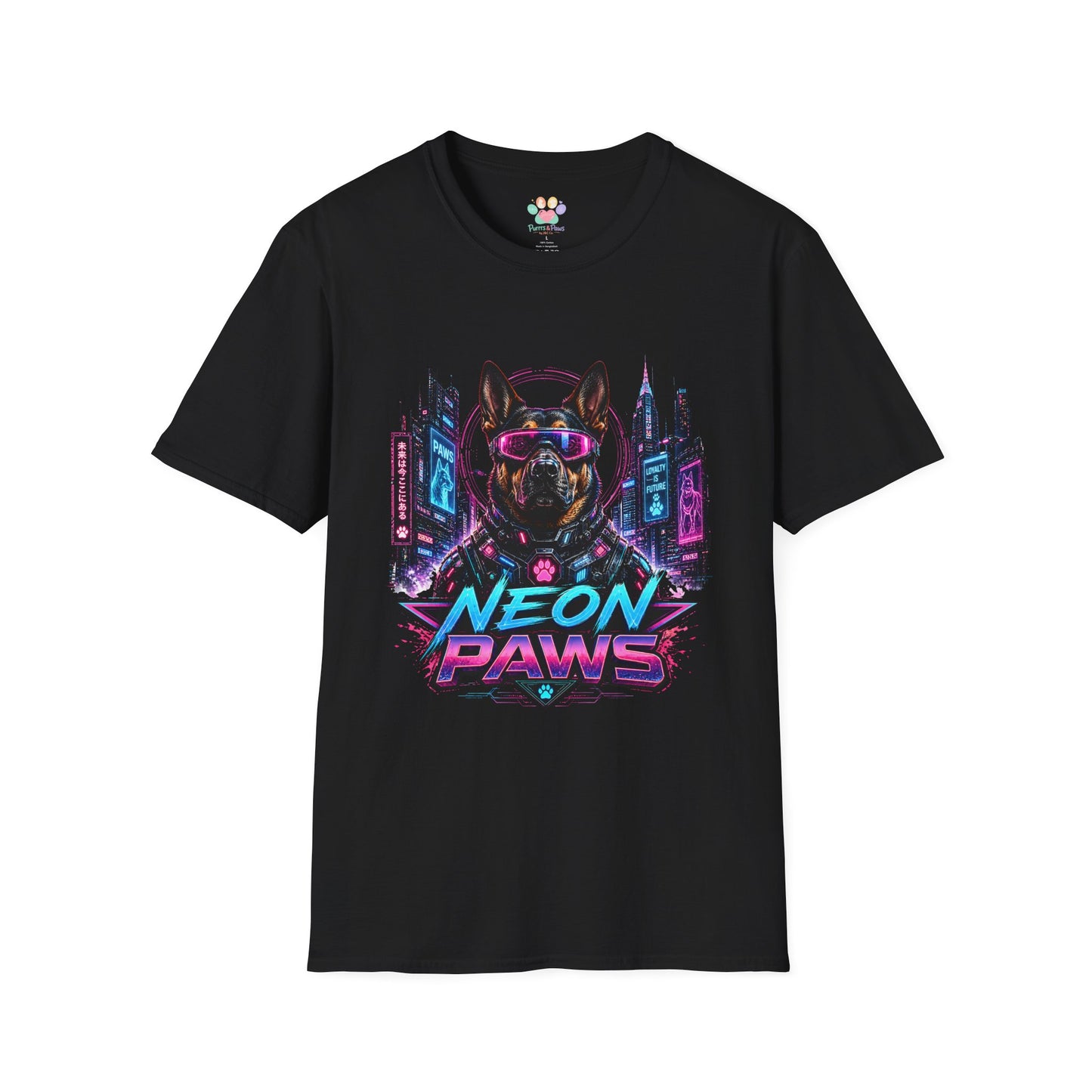 Neon Paws t-shirt, cyberpunk dog graphic with futuristic neon canine artwork, black