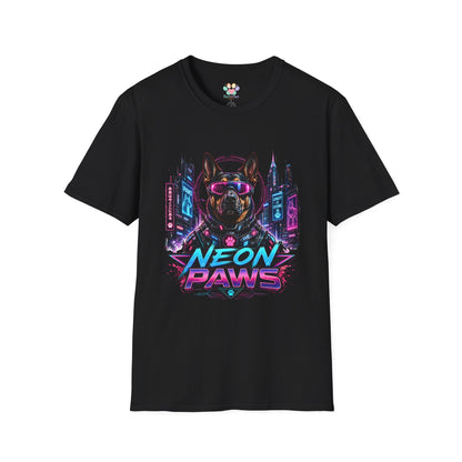 Neon Paws t-shirt, cyberpunk dog graphic with futuristic neon canine artwork, black