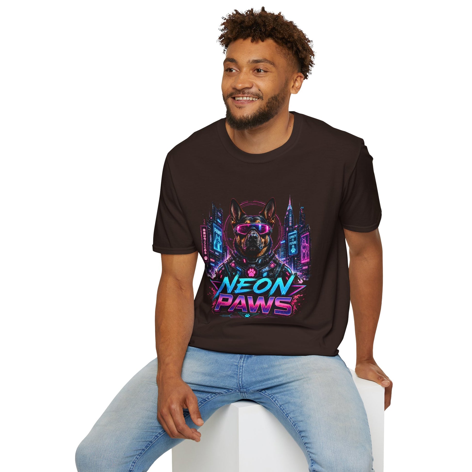 Neon Paws t-shirt, futuristic dog parody design with cyberpunk canine graphic, dark chocolate
