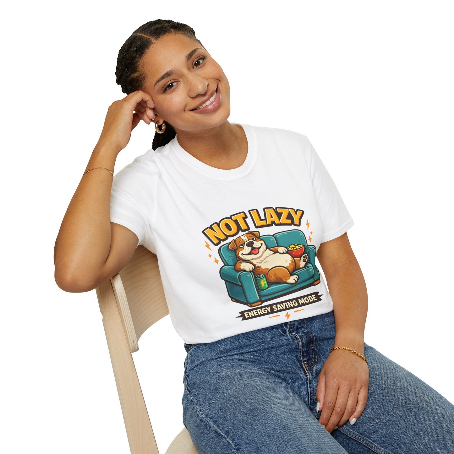 Not Lazy Energy Saving Mode t-shirt, lazy dog on couch with snacks graphic, white
