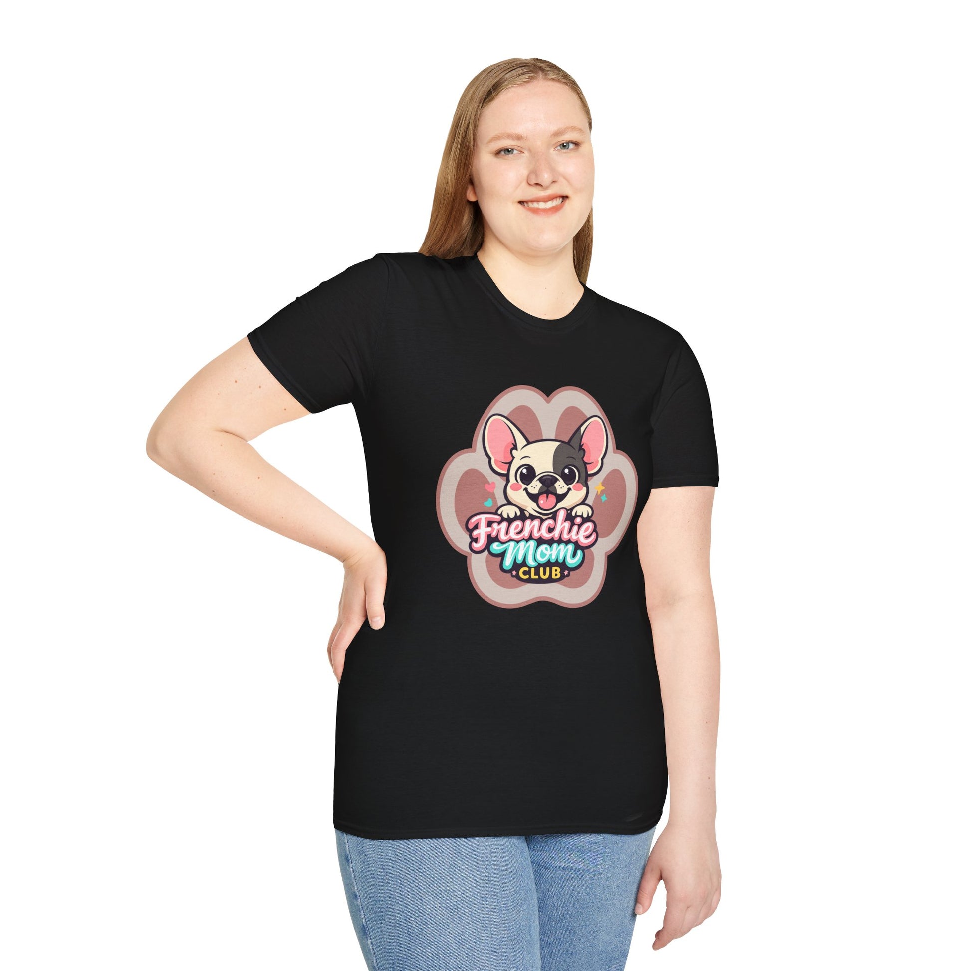 French bulldog mom t-shirt, cute Frenchie graphic, “Frenchie Mom Club” design, black