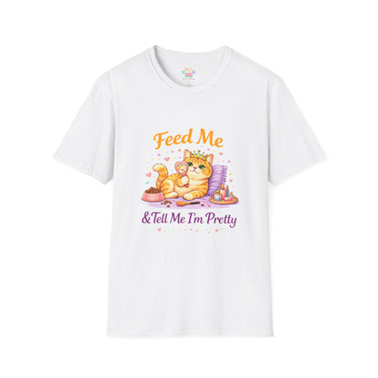 Feed Me & Tell Me I’m Pretty cat t-shirt, cute orange kitten with crown graphic, white