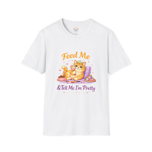 Feed Me & Tell Me I’m Pretty cat t-shirt, cute orange kitten with crown graphic, white