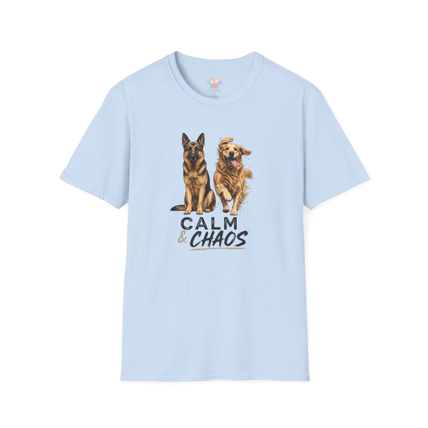 Calm & Chaos t-shirt, two dogs contrast design German Shepherd and Golden Retriever, light blue
