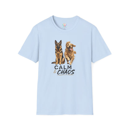 Calm & Chaos t-shirt, two dogs contrast design German Shepherd and Golden Retriever, light blue