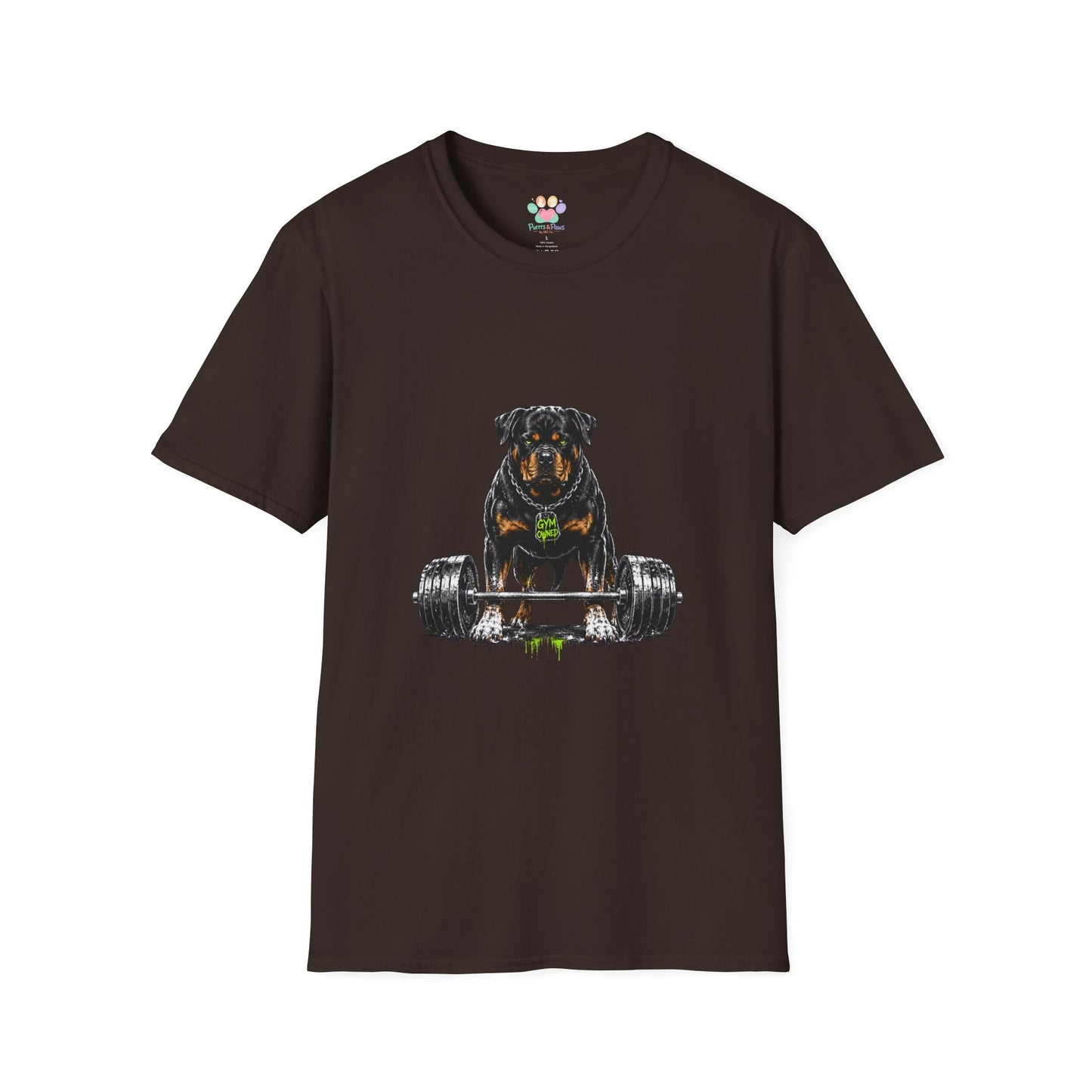 Rottweiler weightlifting t-shirt, muscular guard dog gym illustration, dark chocolate