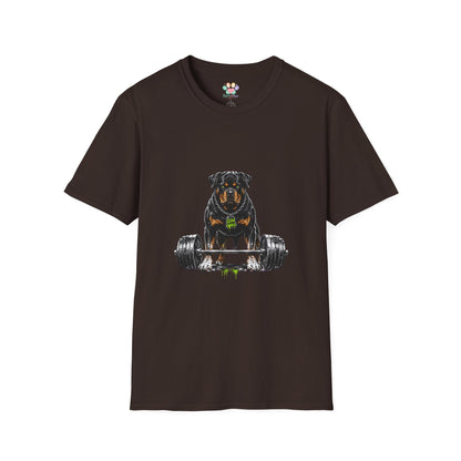 Rottweiler weightlifting t-shirt, muscular guard dog gym illustration, dark chocolate