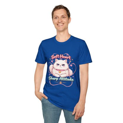 Soft Heart Sharp Attitude cat t-shirt, kawaii fluffy cat design, funny cat lover quote tee, royal blue
