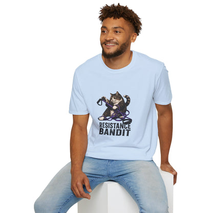 Resistance Bandit cat t-shirt, funny fitness cat with exercise resistance band illustration, light blue