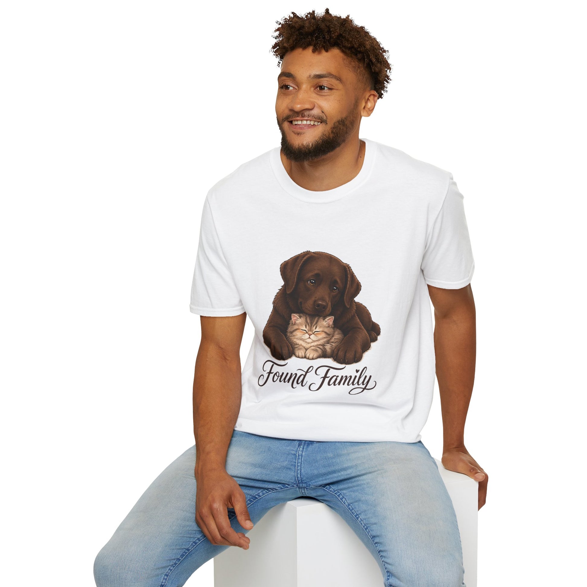 Found Family Labrador Retriever t-shirt, chocolate lab dog cuddling kitten graphic, white