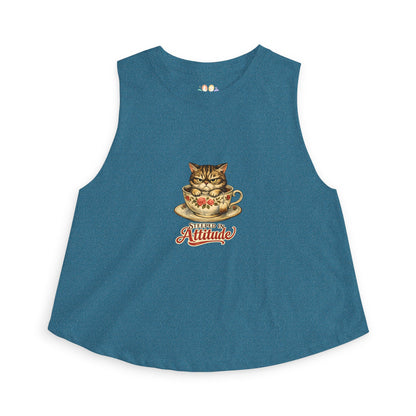 Steeped in Attitude tank top, grumpy cat teacup design, heather deep teal