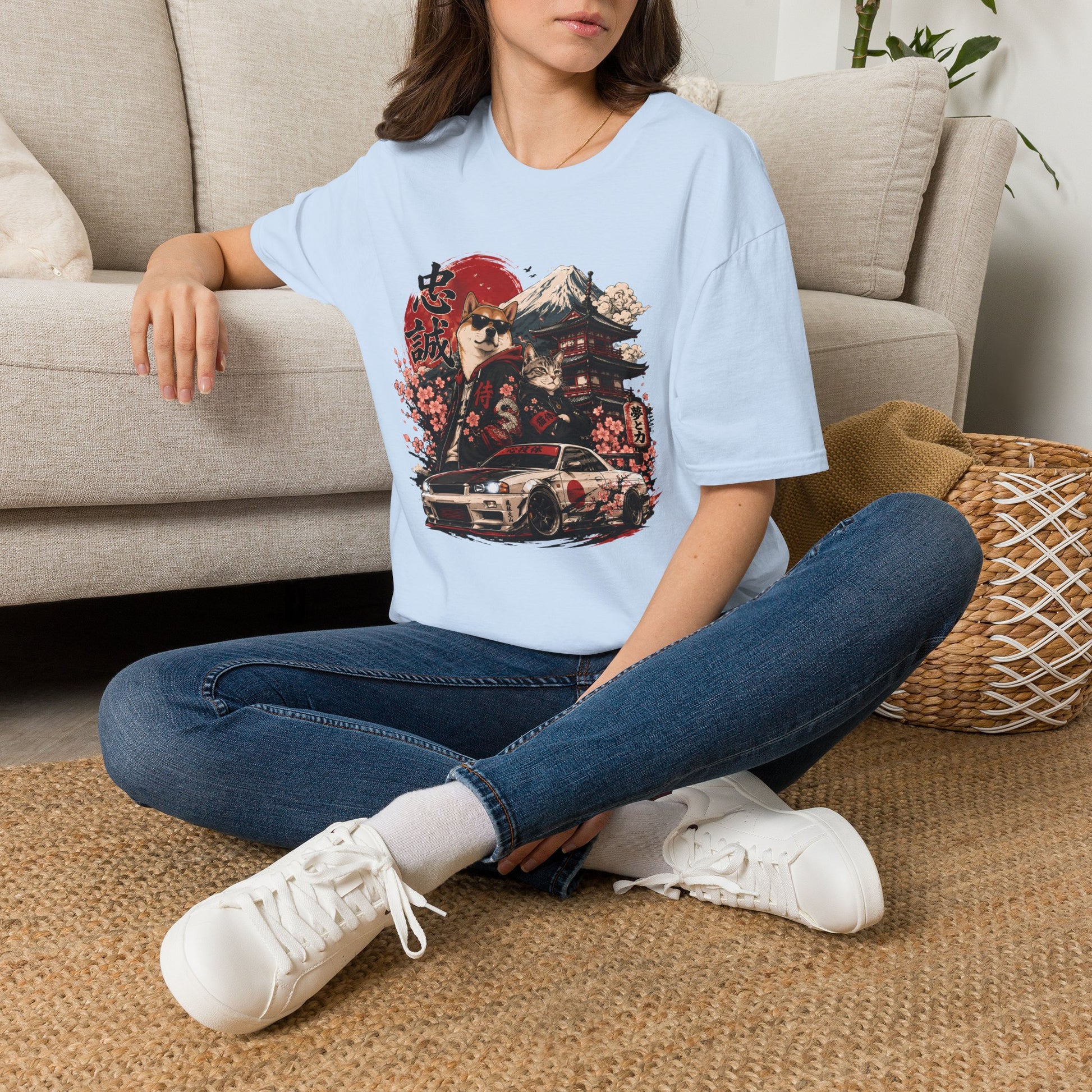 Samurai Shiba Inu and Tabby Cat t-shirt, Mount Fuji, pagoda and car graphic design, light blue