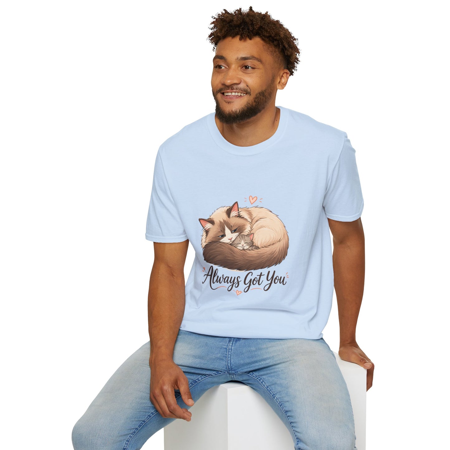 Always Got You t-shirt, cat and kitten cuddle illustration, light blue