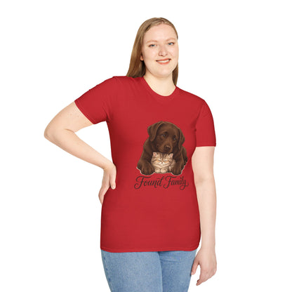 Found Family Labrador Retriever t-shirt, labrador retriever with kitten friendship graphic, red