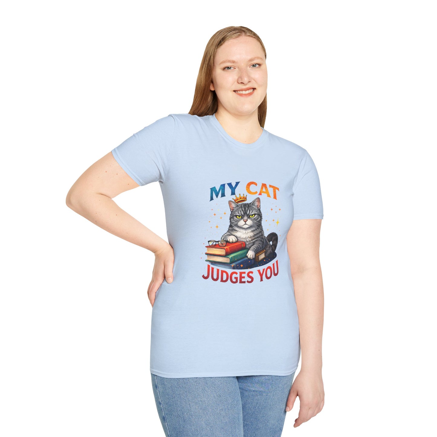 My Cat Judges You t-shirt, cute gray cat on books with glasses illustration, light blue