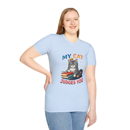 My Cat Judges You t-shirt, cute gray cat on books with glasses illustration, light blue