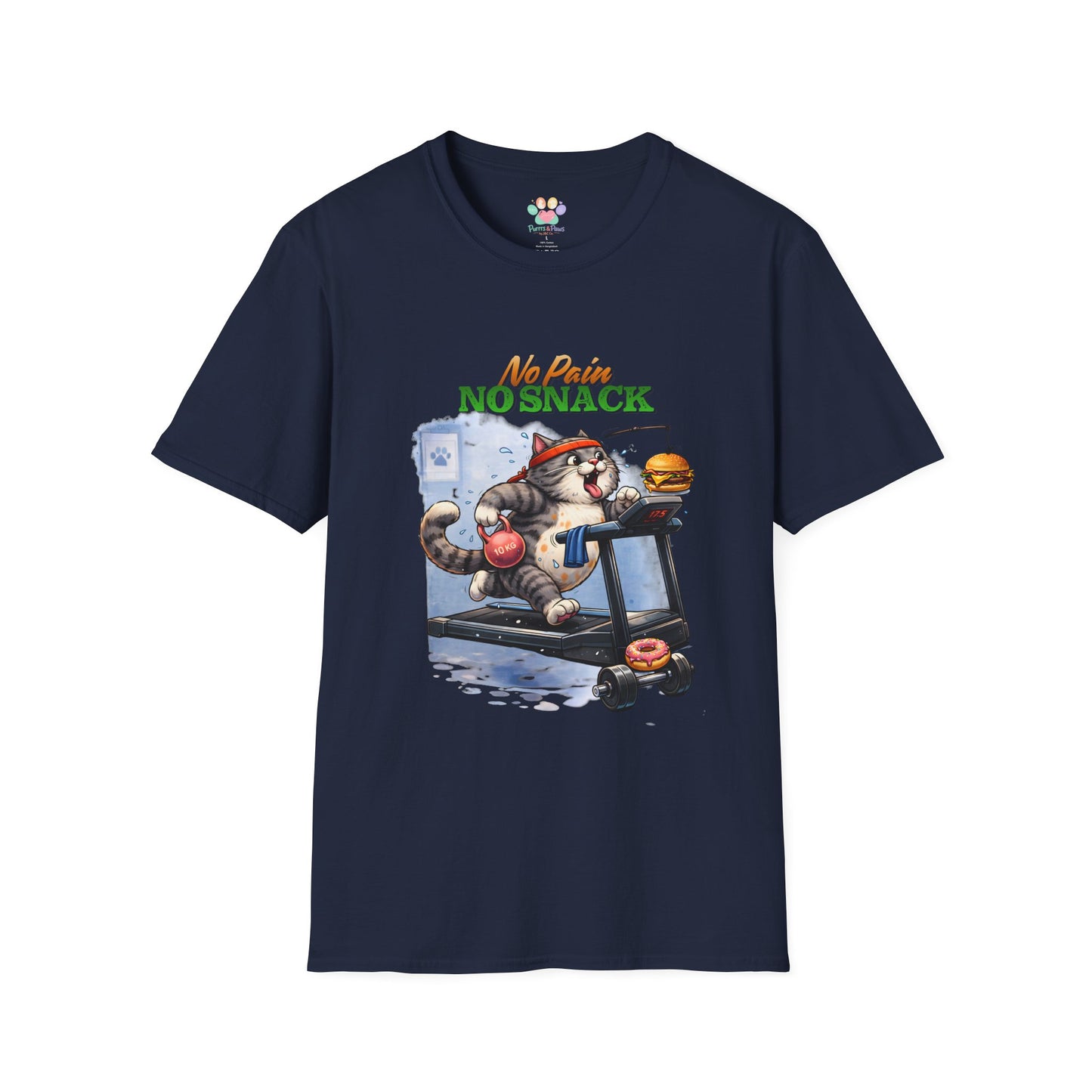 No Pain No Snack t-shirt, workout cat on treadmill design, navy