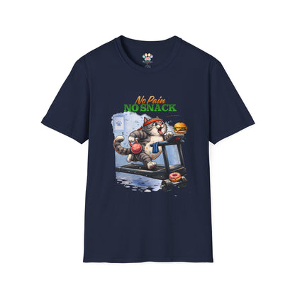 No Pain No Snack t-shirt, workout cat on treadmill design, navy