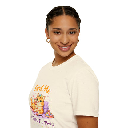 Feed Me & Tell Me I’m Pretty cat t-shirt, cute kitten with crown and makeup graphic, natural