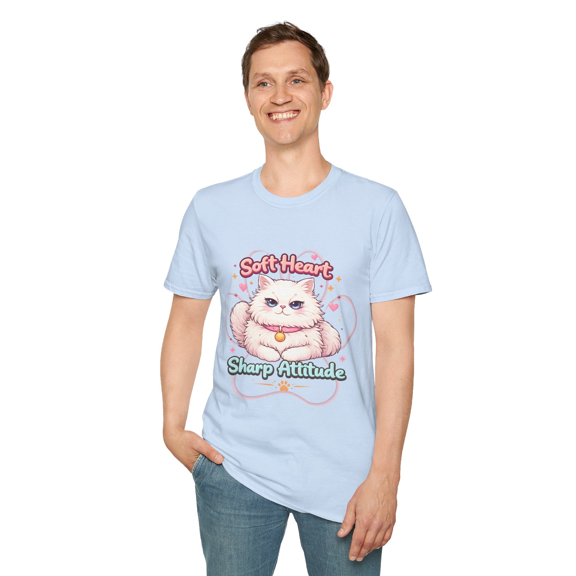 Soft Heart Sharp Attitude cat shirt, adorable fluffy kitten illustration, cute pet lover graphic tee, light blue