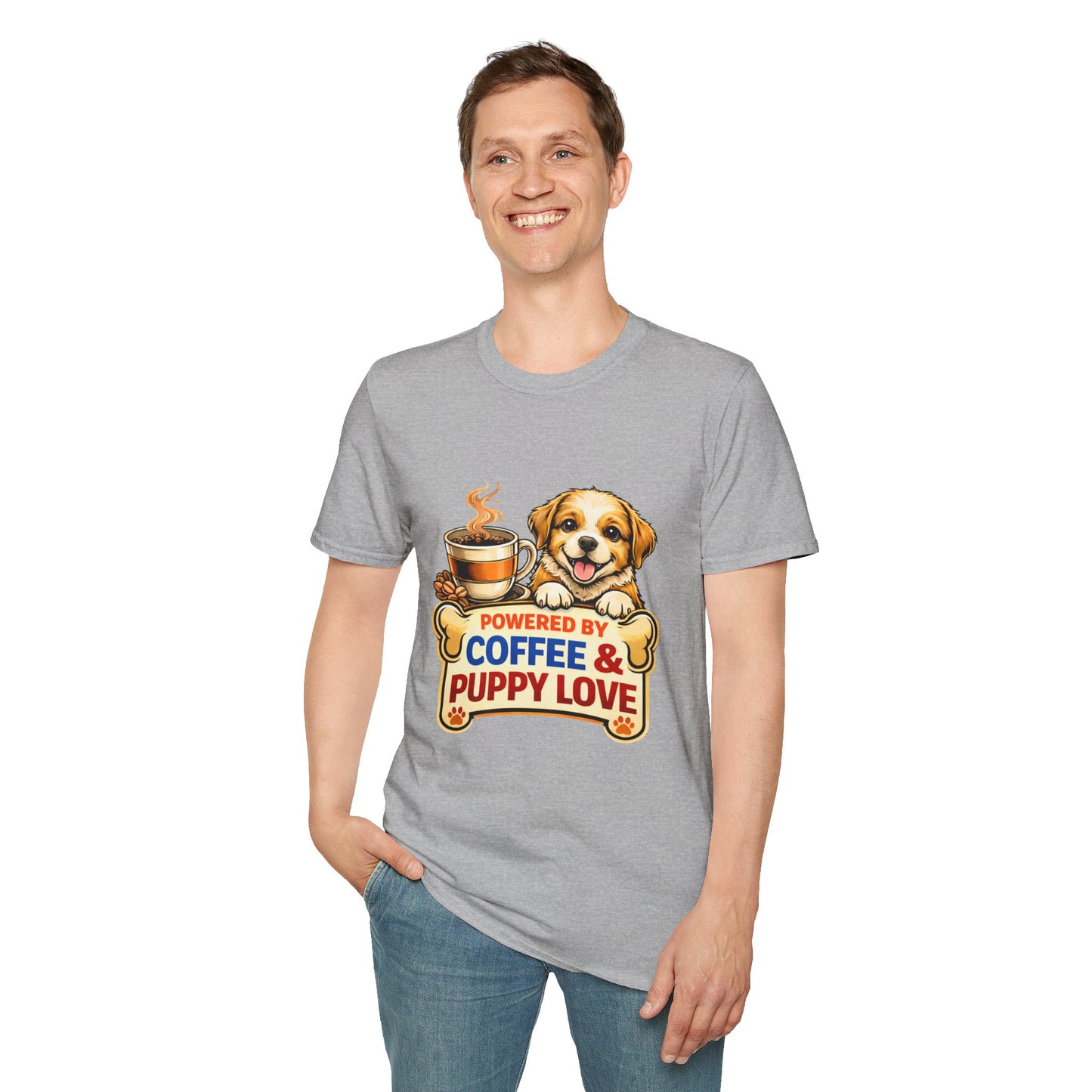 Powered By Coffee & Puppy Love t-shirt, cute dog and coffee illustration, pet lover design, sport gray