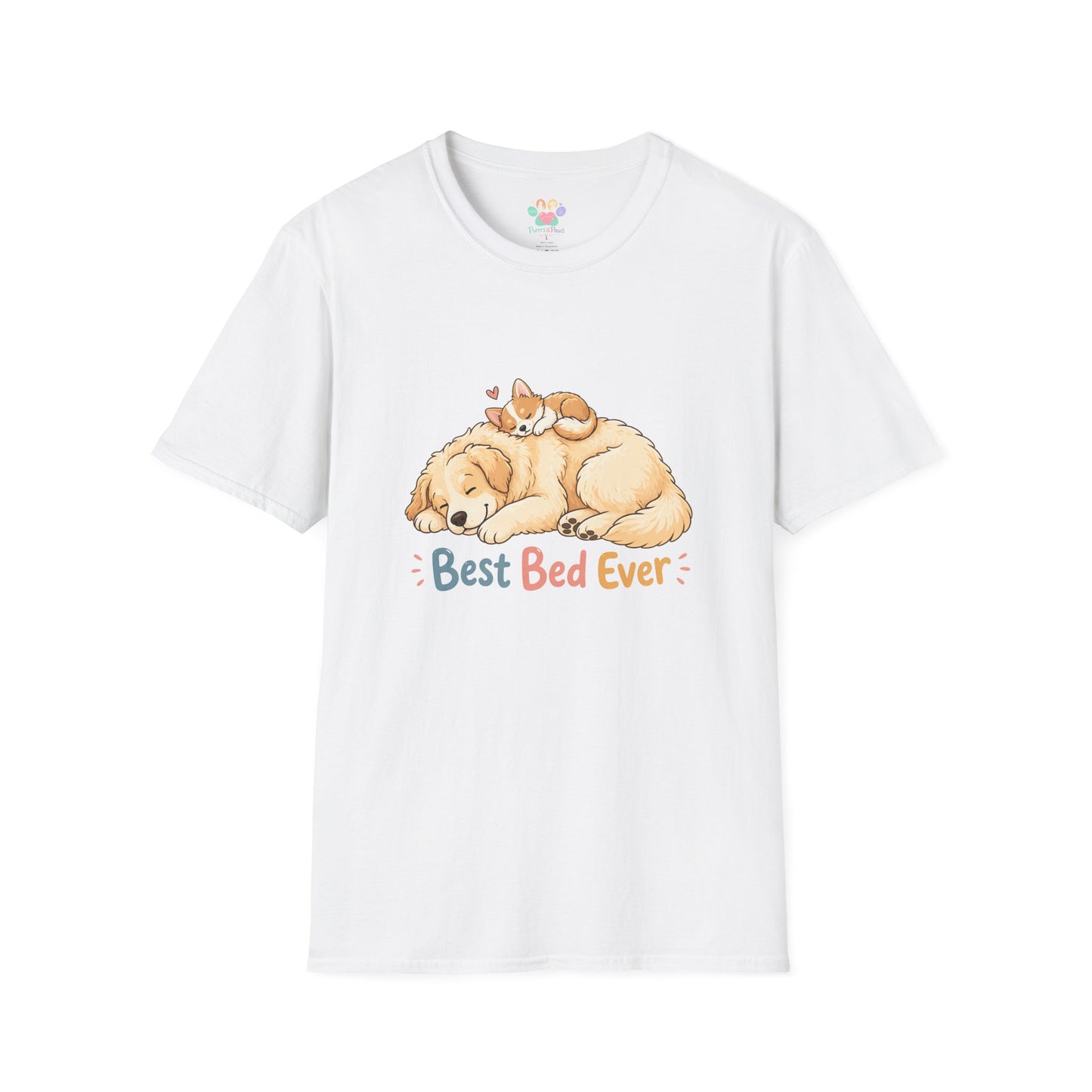 Best Bed Ever t-shirt, sleeping dog with kitten on top graphic, white