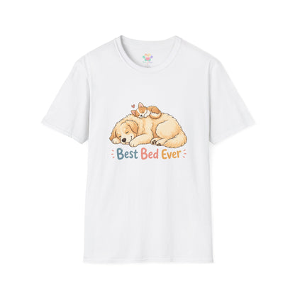 Best Bed Ever t-shirt, sleeping dog with kitten on top graphic, white