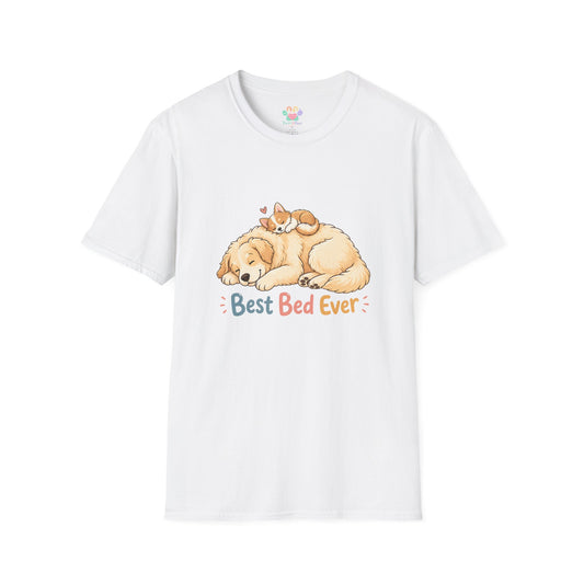 Best Bed Ever t-shirt, sleeping dog with kitten on top graphic, white