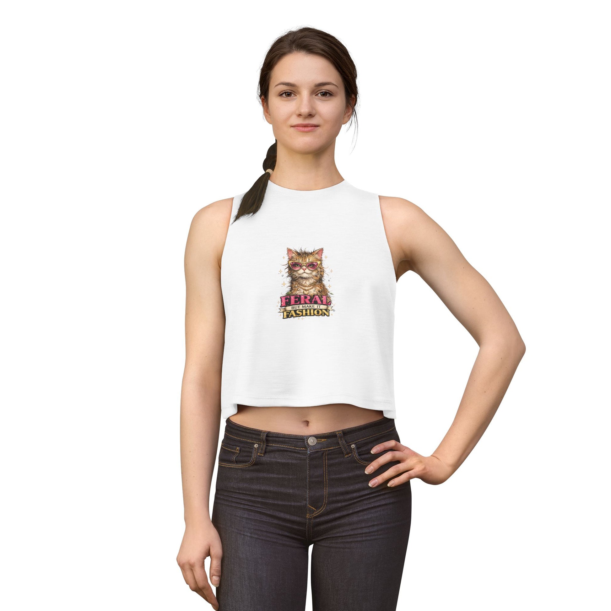 Feral But Make It Fashion tank top, stylish cat with sunglasses graphic, white