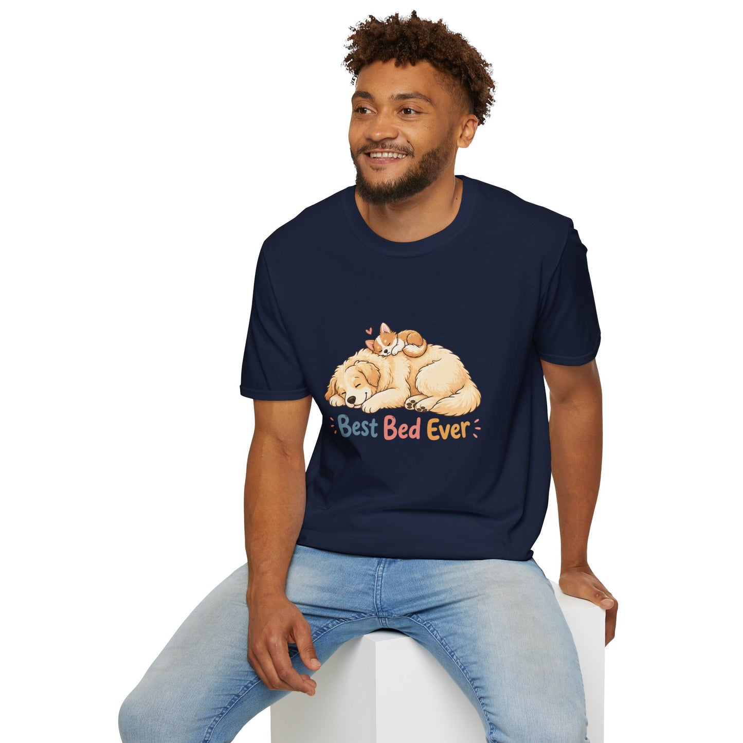 Best Bed Ever t-shirt, puppy sleeping with kitten graphic design, navy