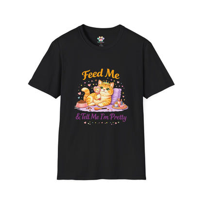 Feed Me & Tell Me I’m Pretty cat t-shirt, kitten princess graphic with food bowl design, black