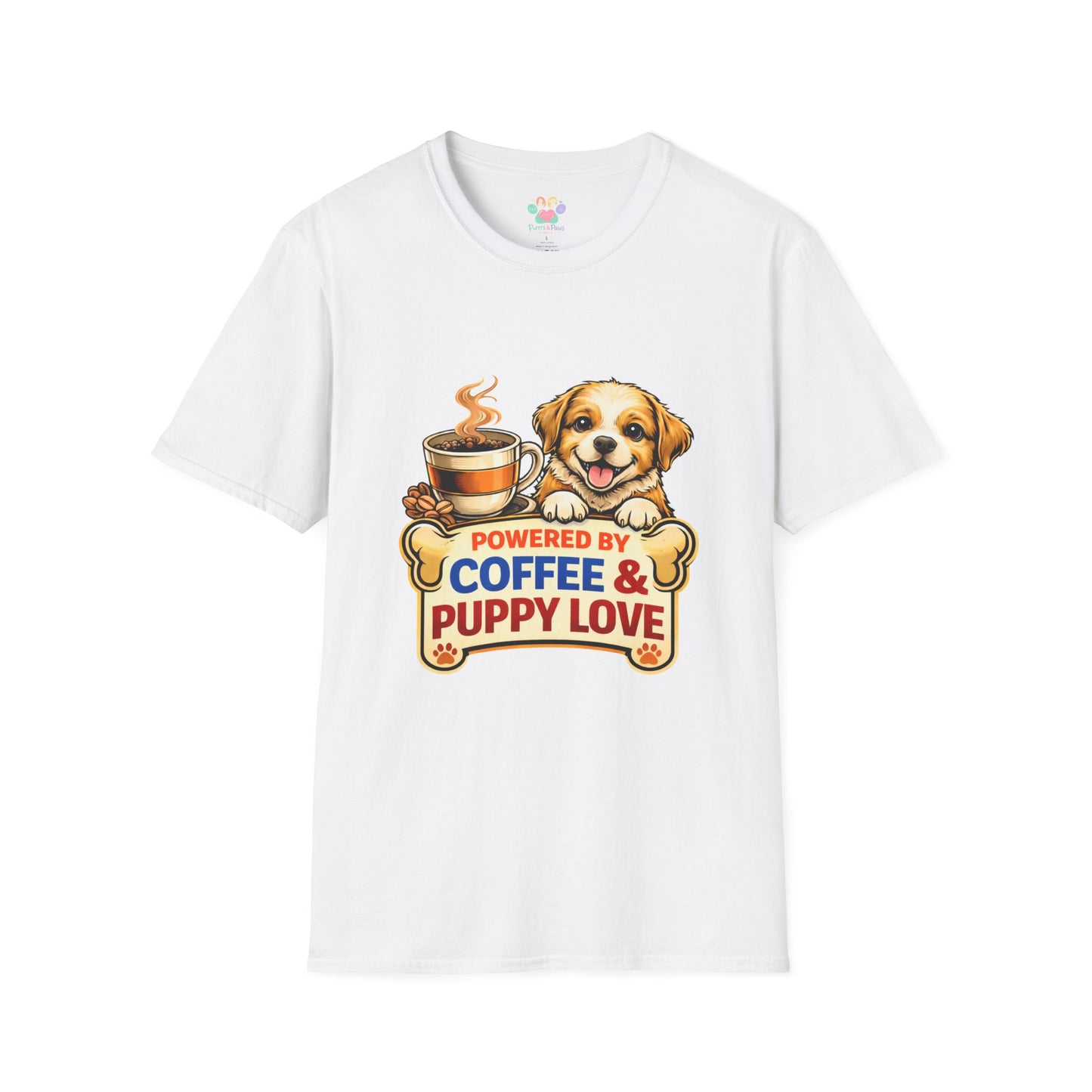 Powered By Coffee & Puppy Love t-shirt, cute puppy and coffee cup graphic, dog lover design, white