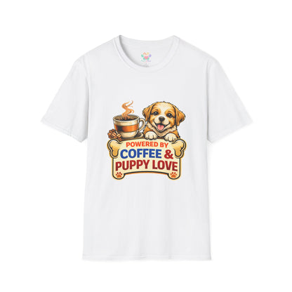 Powered By Coffee & Puppy Love t-shirt, cute puppy and coffee cup graphic, dog lover design, white