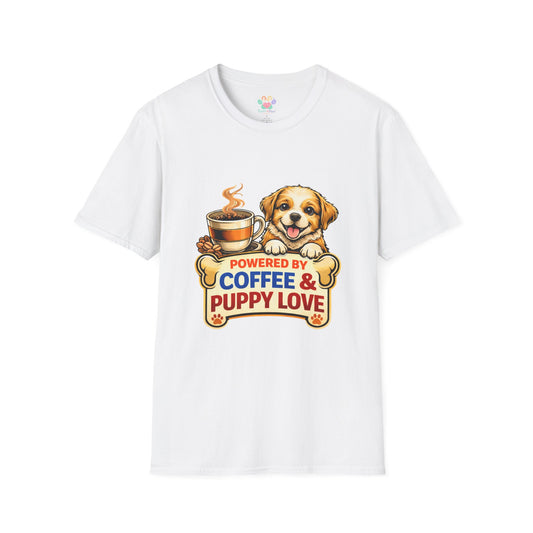 Powered By Coffee & Puppy Love t-shirt, cute puppy and coffee cup graphic, dog lover design, white