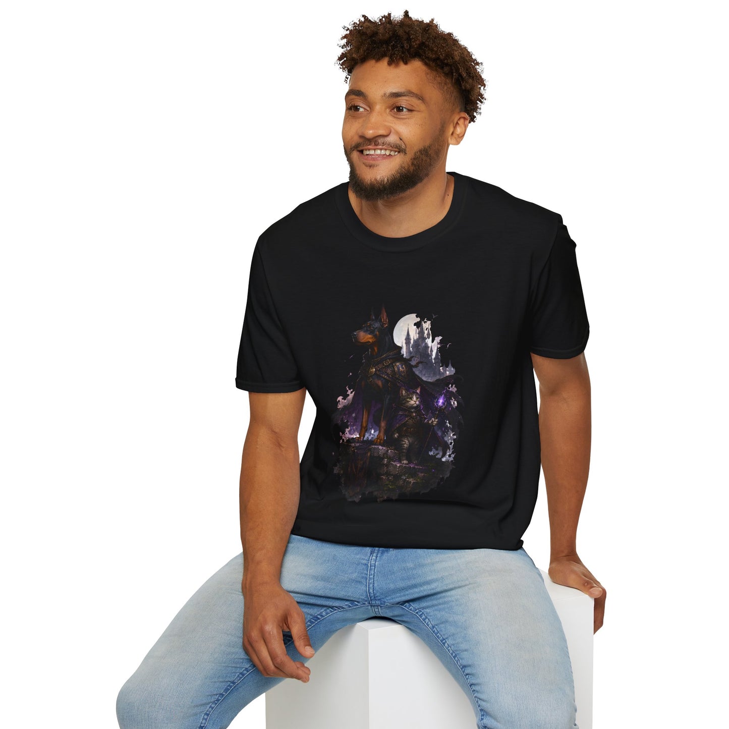 Doberman & Cat Guardian Gothic Castle T-Shirt