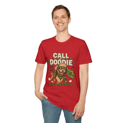 Call of Doodie t-shirt, funny tactical dog design with army poodle illustration, red