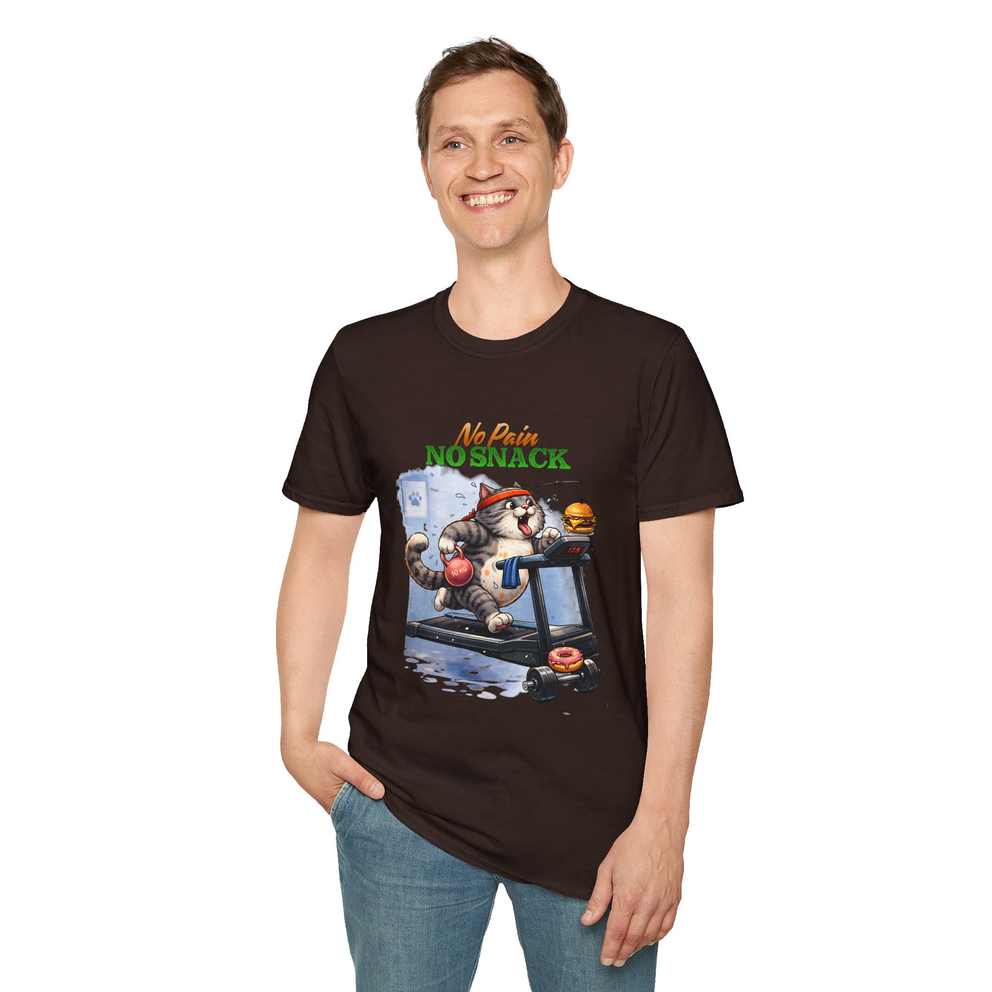 No Pain No Snack t-shirt, treadmill cat with snack illustration, dark chocolate