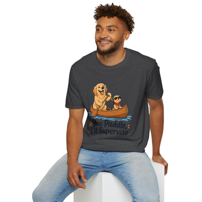 You Paddle I’ll Supervise t-shirt, dog lovers canoe scene graphic, dark heather