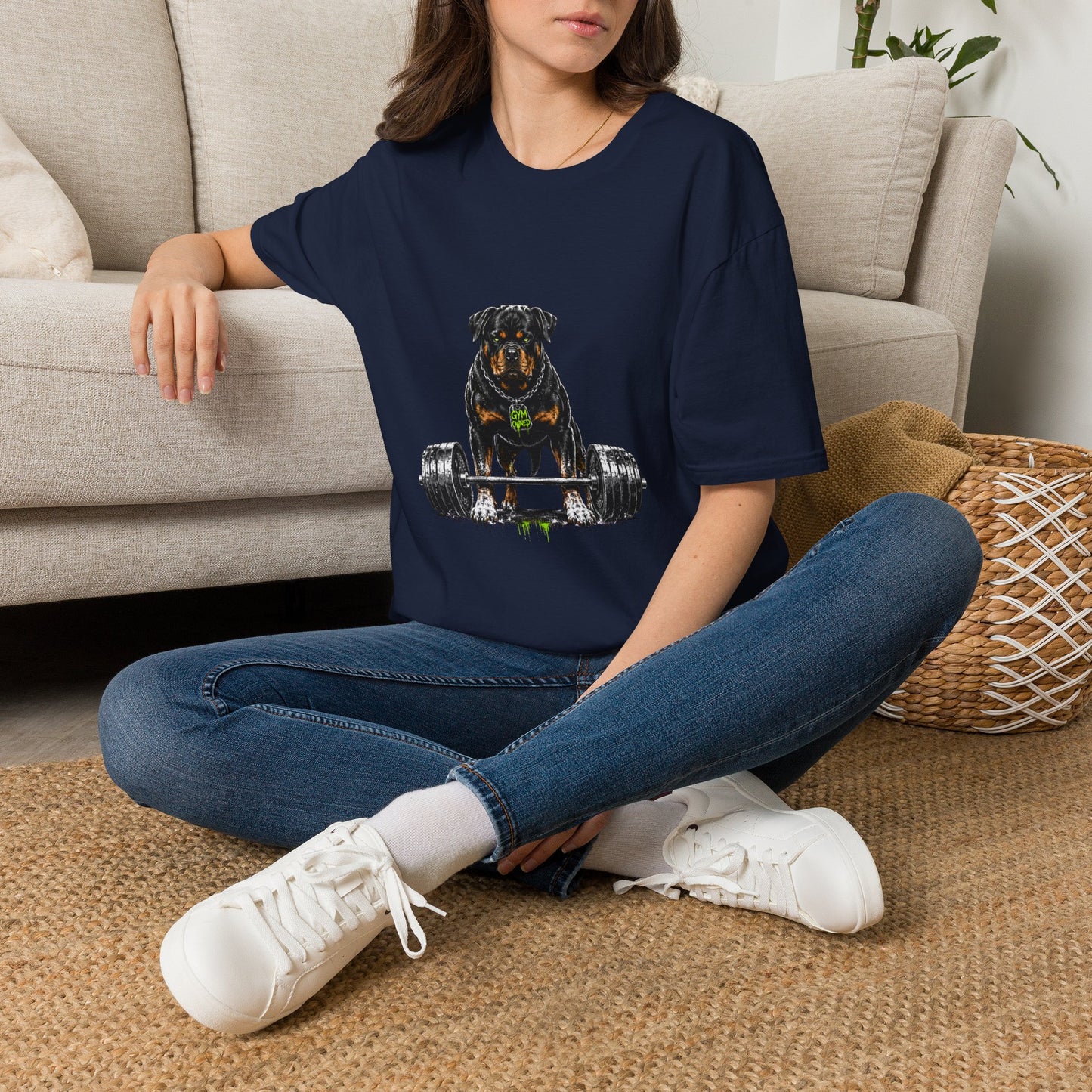 Rottweiler weightlifting t-shirt, powerful Rottweiler fitness graphic design, navy