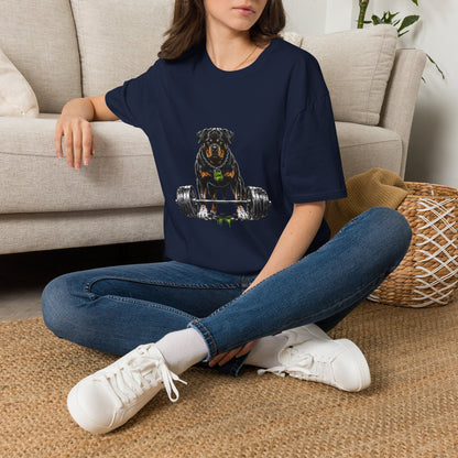 Rottweiler weightlifting t-shirt, powerful Rottweiler fitness graphic design, navy