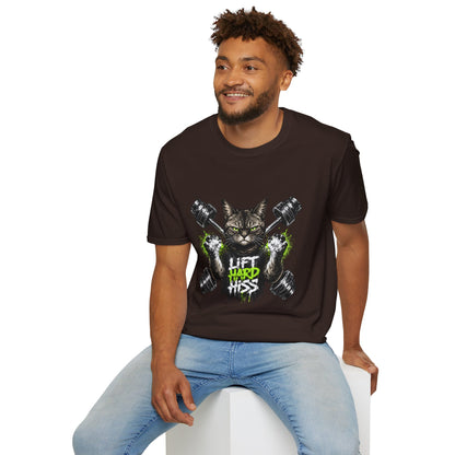 Lift Hard Hiss Harder t-shirt, strong gym cat workout illustration, dark chocolate