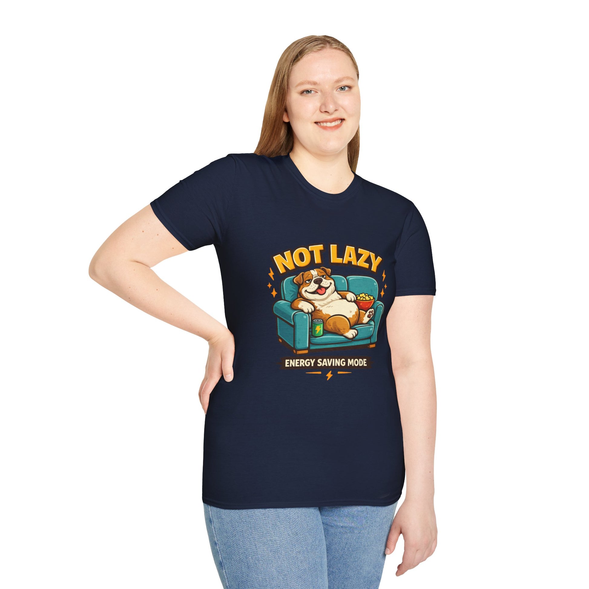 Not Lazy Energy Saving Mode t-shirt, dog lounging on couch design, navy