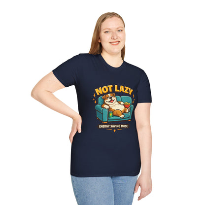 Not Lazy Energy Saving Mode t-shirt, dog lounging on couch design, navy