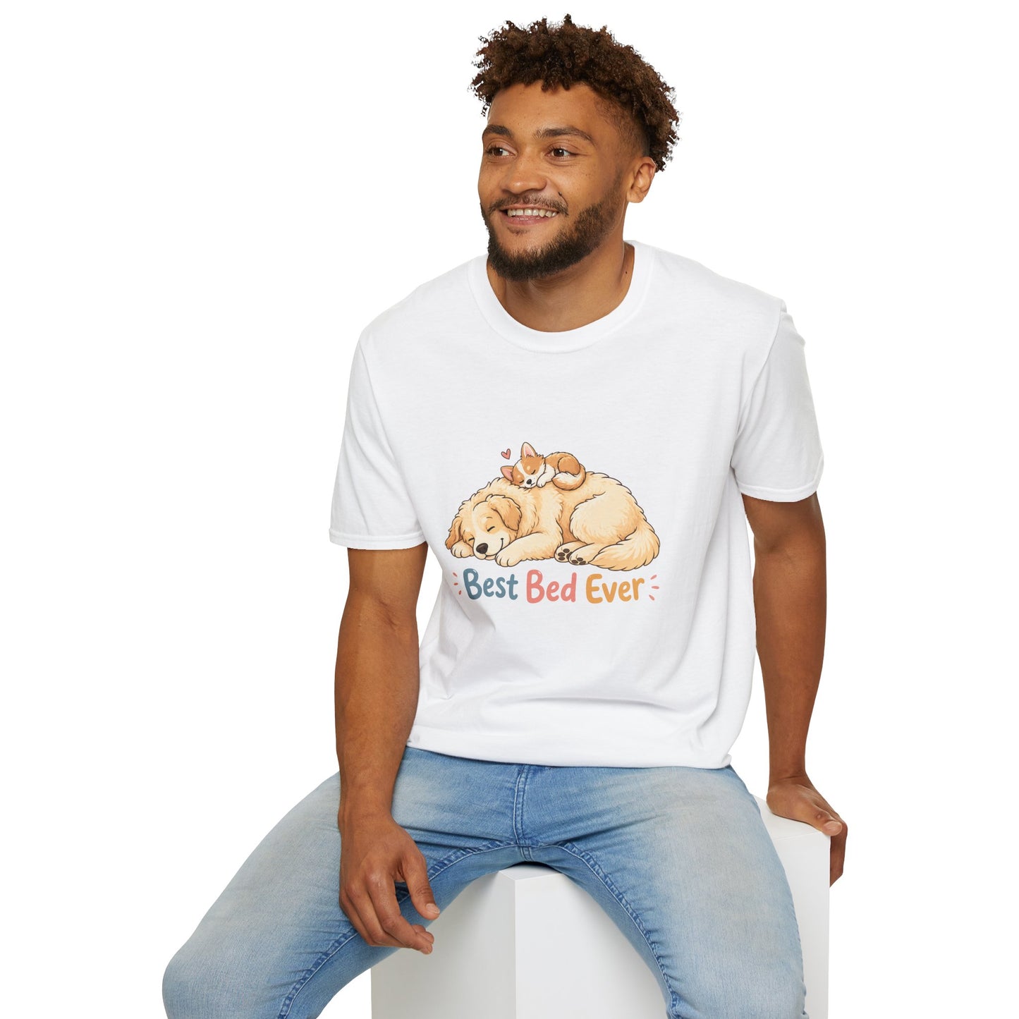 Best Bed Ever t-shirt, sleeping dog with kitten on top graphic, white