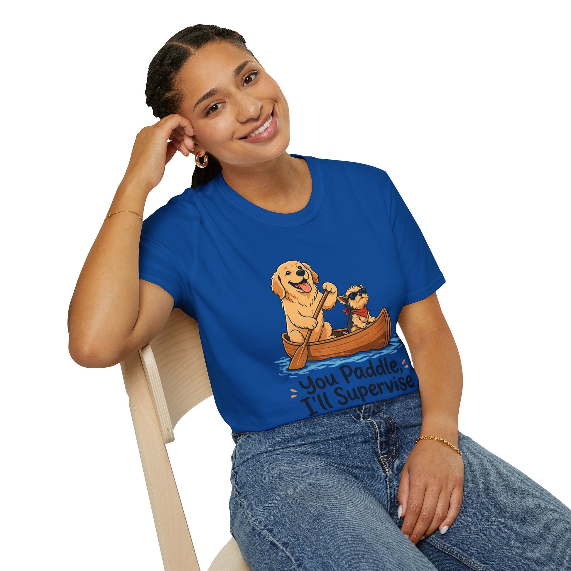 You Paddle I’ll Supervise t-shirt, golden retriever with small dog in canoe illustration, royal blue